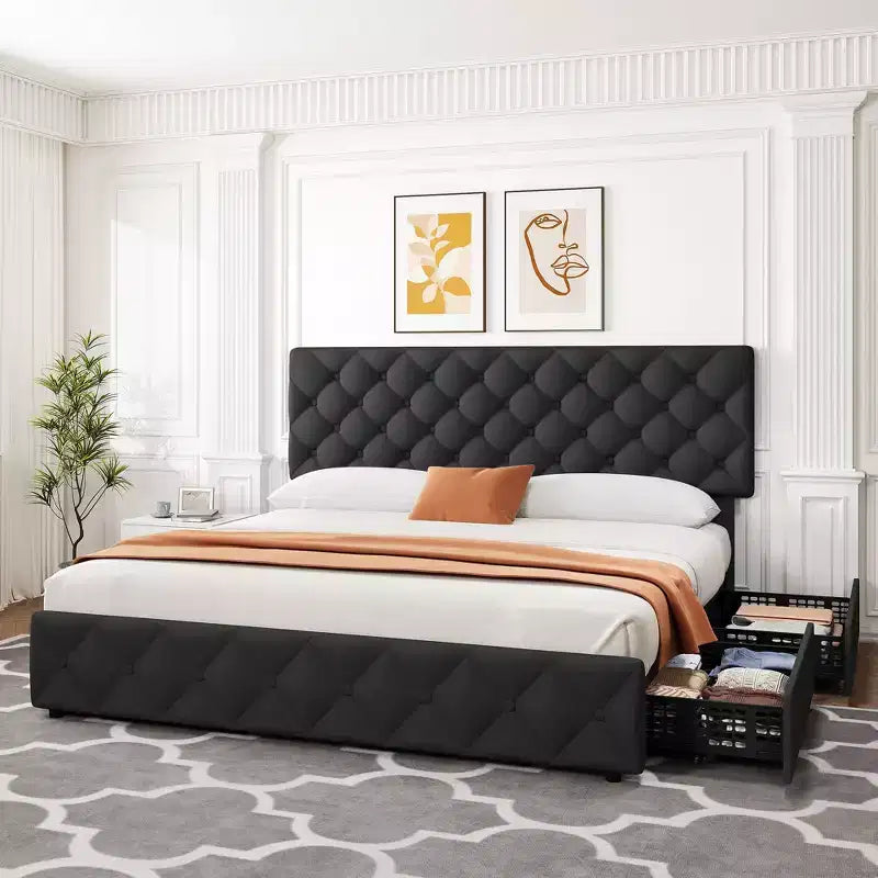 Cadre de lit plateforme King Size avec tête de lit réglable et 4 tiroirs, cadre de lit moderne gris rembourré avec pied de lit, support à lattes en bois
