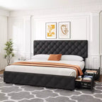 Cadre de lit plateforme King Size avec tête de lit réglable et 4 tiroirs, cadre de lit moderne gris rembourré avec pied de lit, support à lattes en bois