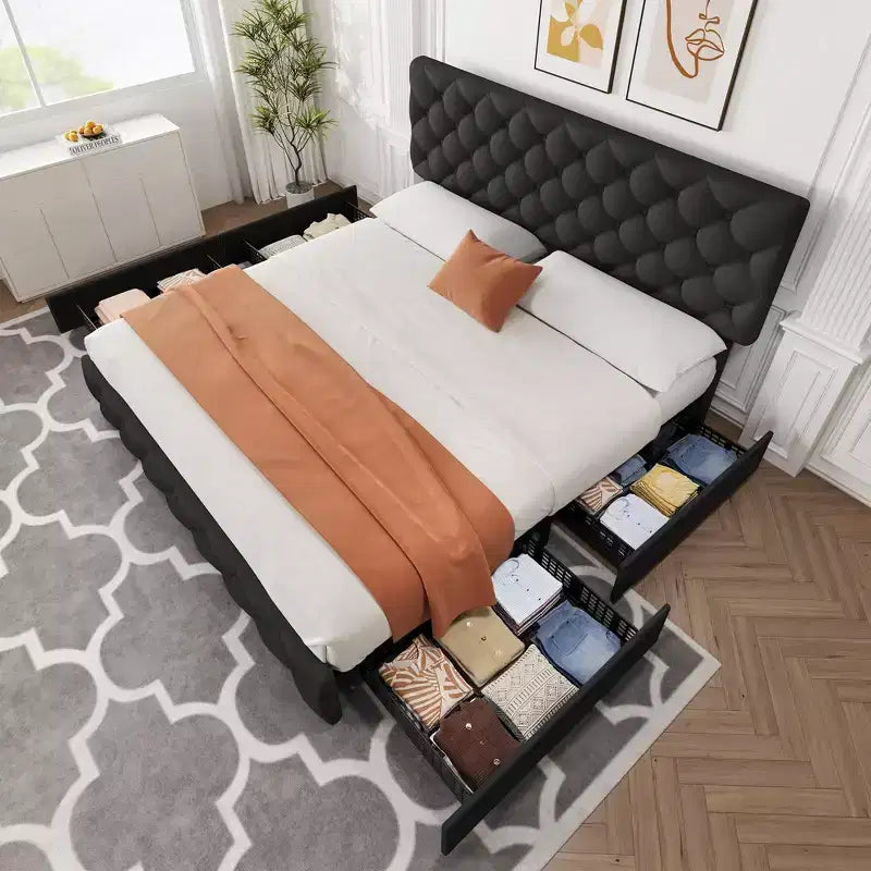 Cadre de lit plateforme King Size avec tête de lit réglable et 4 tiroirs, cadre de lit moderne gris rembourré avec pied de lit, support à lattes en bois