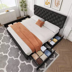 Cadre de lit plateforme King Size avec tête de lit réglable et 4 tiroirs, cadre de lit moderne gris rembourré avec pied de lit, support à lattes en bois