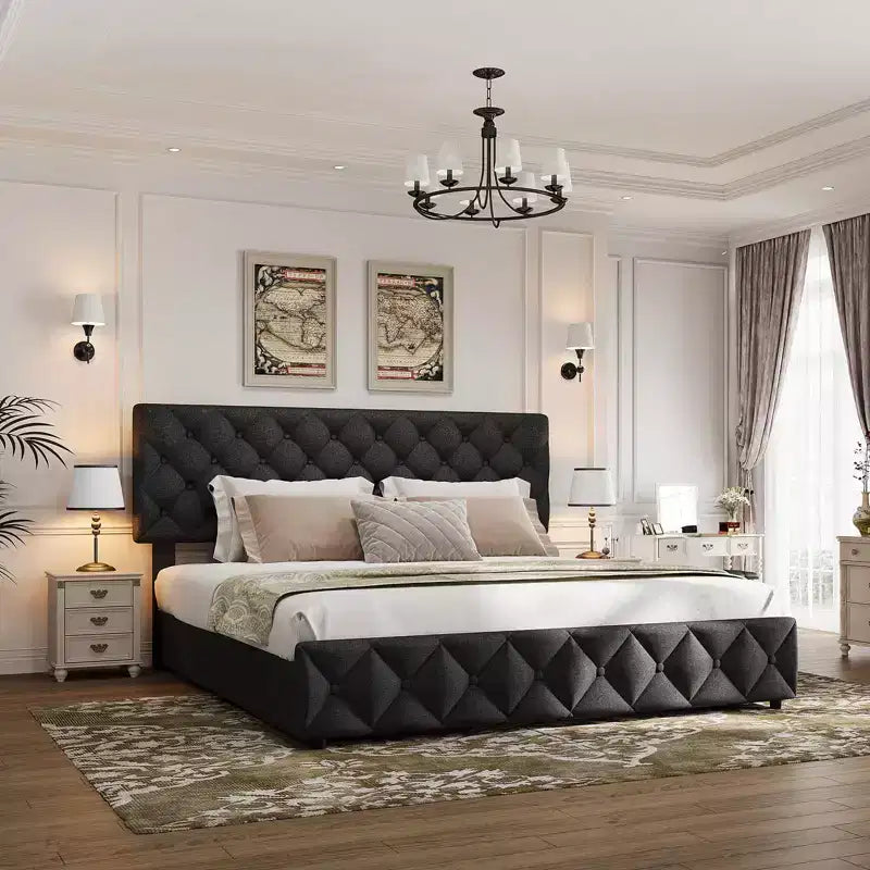 Cadre de lit plateforme King Size avec tête de lit réglable et 4 tiroirs, cadre de lit moderne gris rembourré avec pied de lit, support à lattes en bois