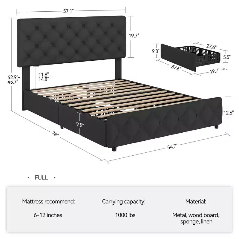Cadre de lit plateforme King Size avec tête de lit réglable et 4 tiroirs, cadre de lit moderne gris rembourré avec pied de lit, support à lattes en bois
