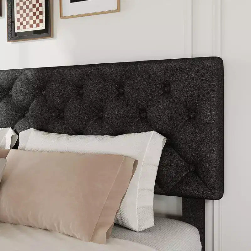 Cadre de lit plateforme King Size avec tête de lit réglable et 4 tiroirs, cadre de lit moderne gris rembourré avec pied de lit, support à lattes en bois