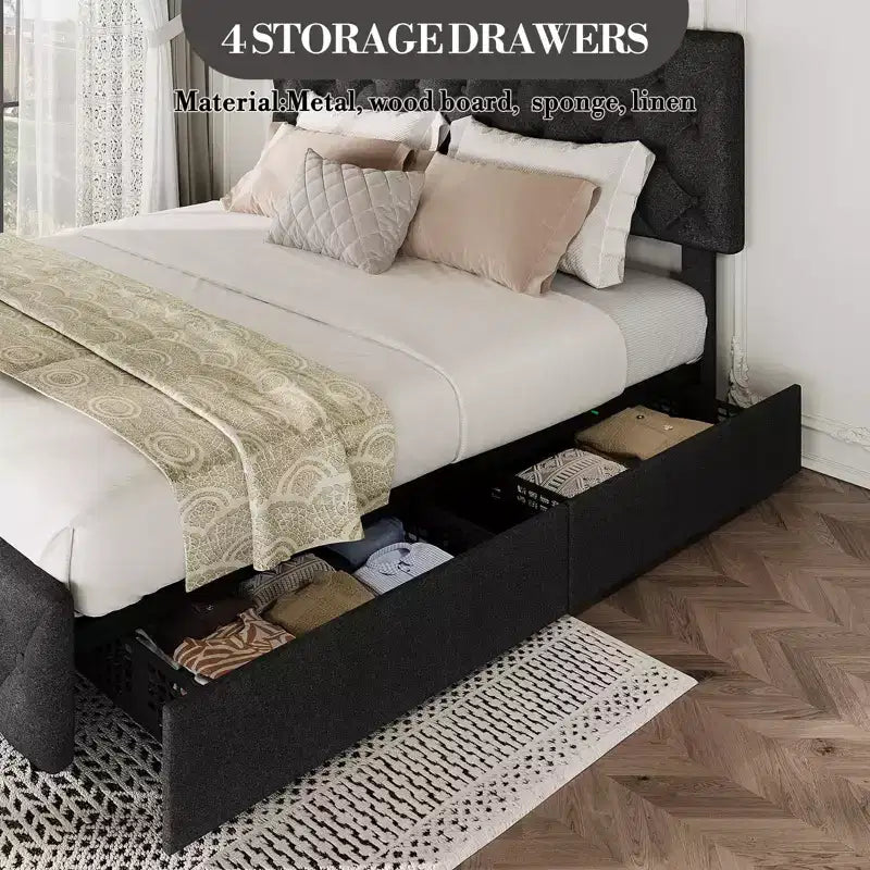 Cadre de lit plateforme King Size avec tête de lit réglable et 4 tiroirs, cadre de lit moderne gris rembourré avec pied de lit, support à lattes en bois