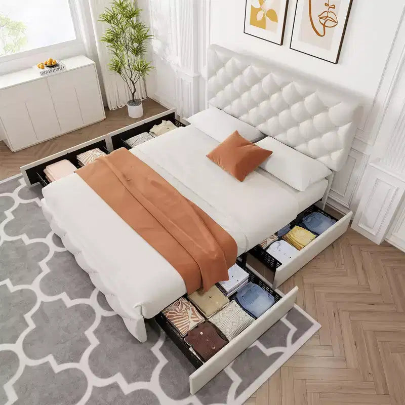 Cadre de lit plateforme King Size avec tête de lit réglable et 4 tiroirs, cadre de lit moderne gris rembourré avec pied de lit, support à lattes en bois