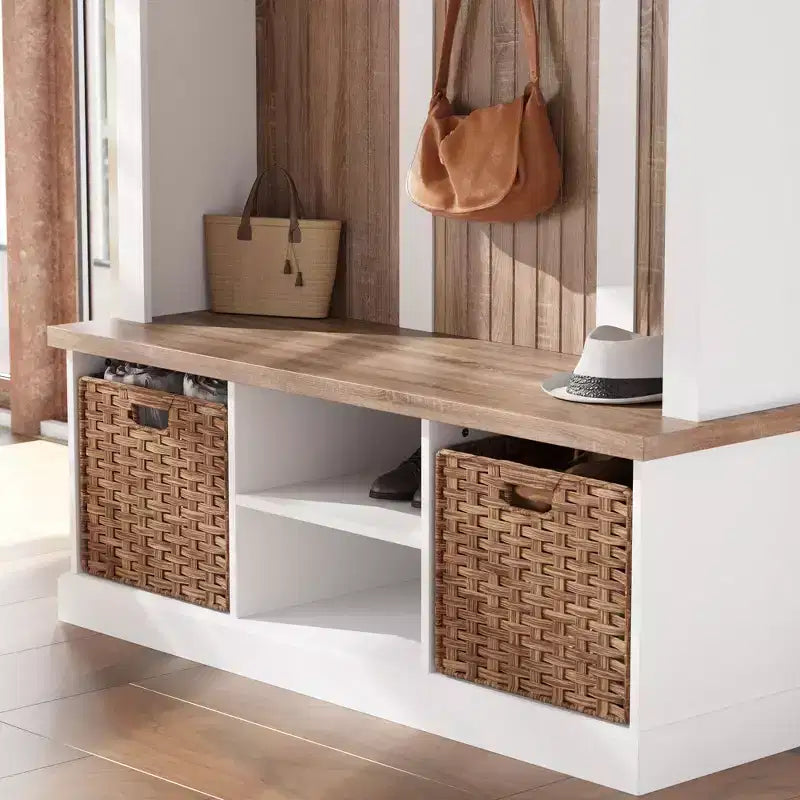 Banc de rangement d'entrée blanc et chêne avec patères, étagères et 2 paniers tressés meuble d'entrée