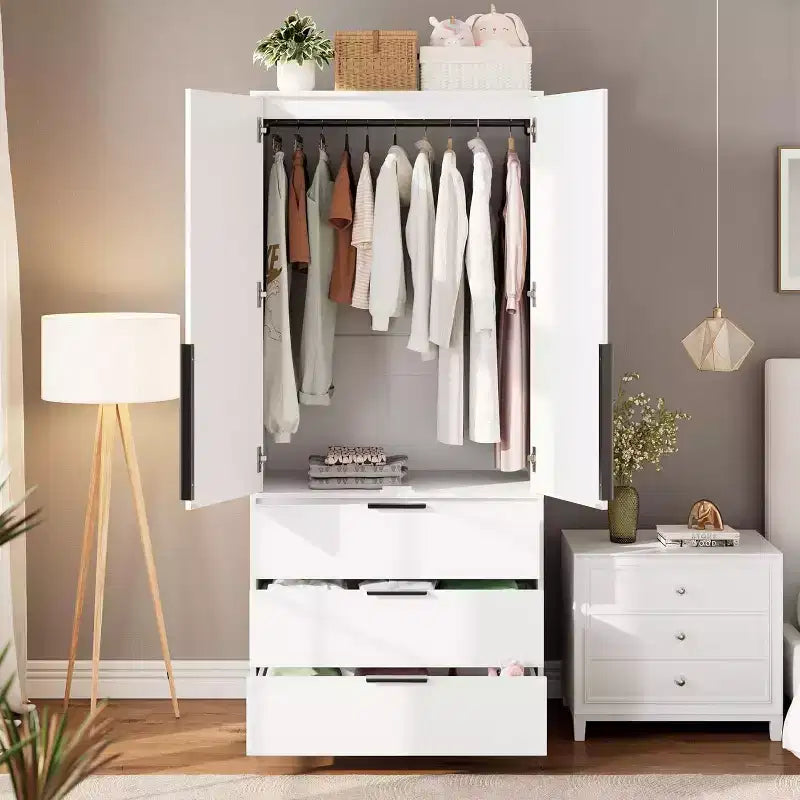 Acekool 69.5 Armoire Penderie avec 3 Tiroirs, Porte en Rotin, Meuble de Rangement en Bois avec Tringle, Organisateur de Chambre à Coucher