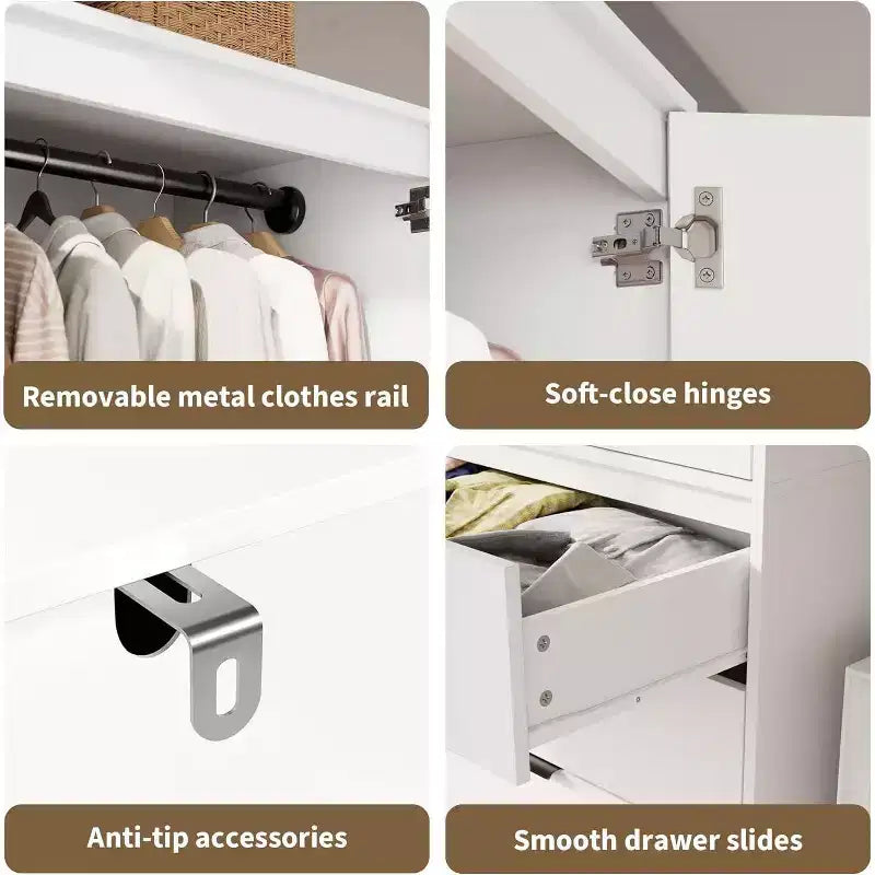 Acekool 69.5 Armoire Penderie avec 3 Tiroirs, Porte en Rotin, Meuble de Rangement en Bois avec Tringle, Organisateur de Chambre à Coucher
