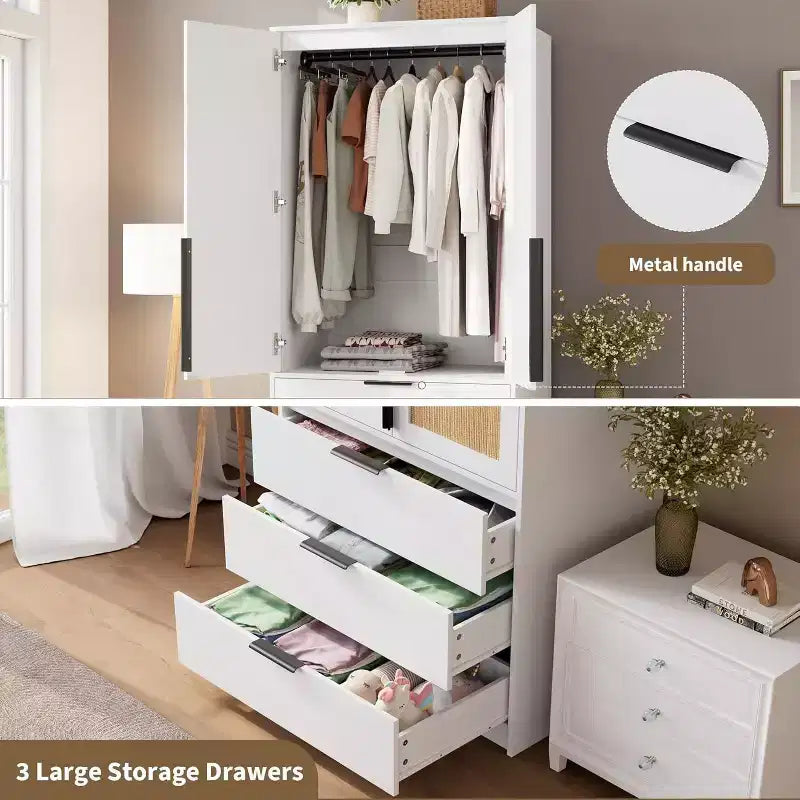Acekool 69.5 Armoire Penderie avec 3 Tiroirs, Porte en Rotin, Meuble de Rangement en Bois avec Tringle, Organisateur de Chambre à Coucher