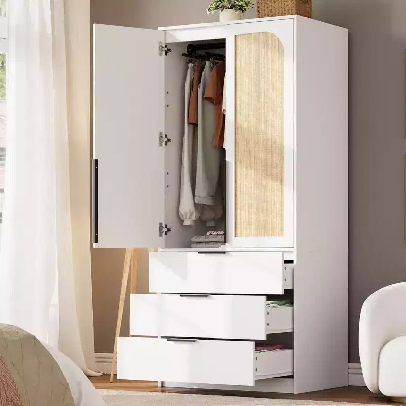 Acekool 69.5 Armoire Penderie avec 3 Tiroirs, Porte en Rotin, Meuble de Rangement en Bois avec Tringle, Organisateur de Chambre à Coucher