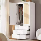 Acekool 69.5 Armoire Penderie avec 3 Tiroirs, Porte en Rotin, Meuble de Rangement en Bois avec Tringle, Organisateur de Chambre à Coucher