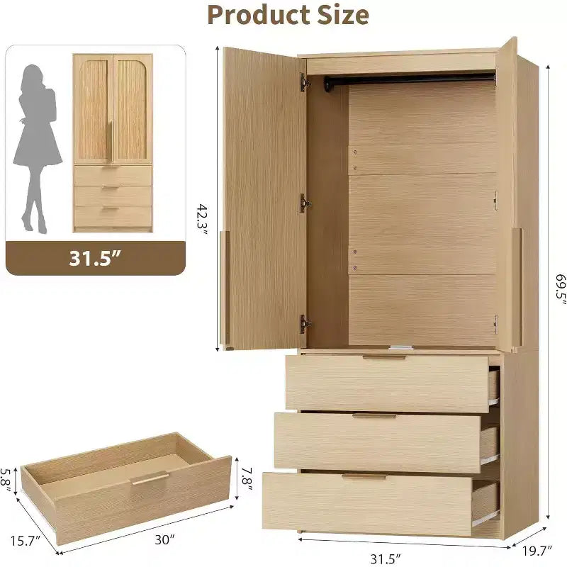 Acekool 69.5 Armoire Penderie avec 3 Tiroirs, Porte en Rotin, Meuble de Rangement en Bois avec Tringle, Organisateur de Chambre à Coucher