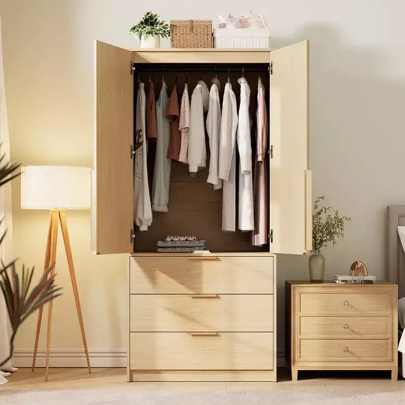 Acekool 69.5 Armoire Penderie avec 3 Tiroirs, Porte en Rotin, Meuble de Rangement en Bois avec Tringle, Organisateur de Chambre à Coucher