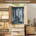 Acekool 69.5 Armoire Penderie avec 3 Tiroirs, Porte en Rotin, Meuble de Rangement en Bois avec Tringle, Organisateur de Chambre à Coucher