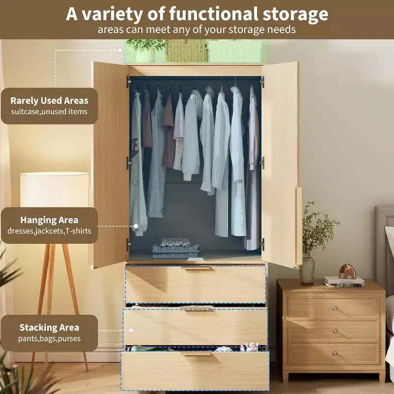Acekool 69.5 Armoire Penderie avec 3 Tiroirs, Porte en Rotin, Meuble de Rangement en Bois avec Tringle, Organisateur de Chambre à Coucher