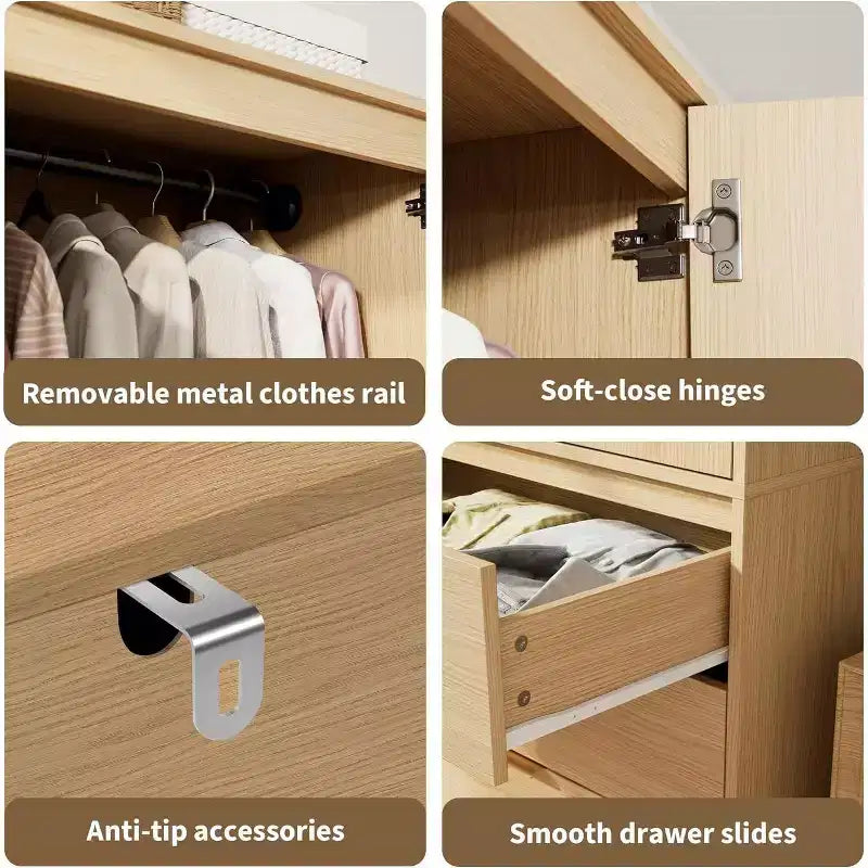 Acekool 69.5 Armoire Penderie avec 3 Tiroirs, Porte en Rotin, Meuble de Rangement en Bois avec Tringle, Organisateur de Chambre à Coucher