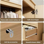 Acekool 69.5 Armoire Penderie avec 3 Tiroirs, Porte en Rotin, Meuble de Rangement en Bois avec Tringle, Organisateur de Chambre à Coucher