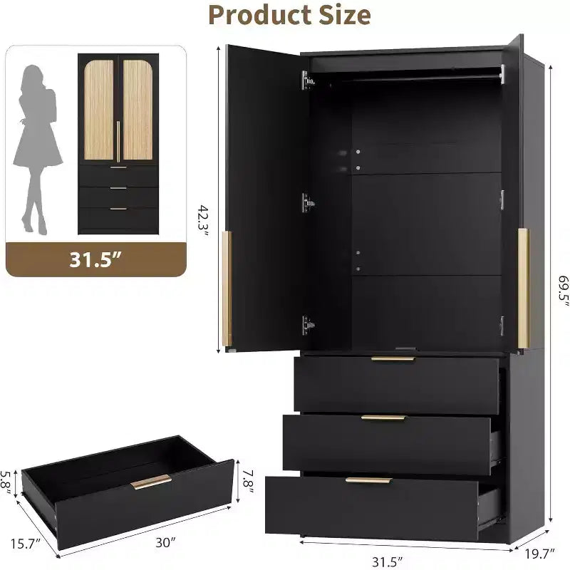 Acekool 69.5 Armoire Penderie avec 3 Tiroirs, Porte en Rotin, Meuble de Rangement en Bois avec Tringle, Organisateur de Chambre à Coucher