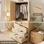 Acekool 69.5 Armoire Penderie avec 3 Tiroirs, Porte en Rotin, Meuble de Rangement en Bois avec Tringle, Organisateur de Chambre à Coucher