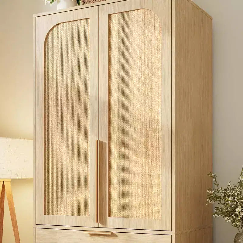 Acekool 69.5 Armoire Penderie avec 3 Tiroirs, Porte en Rotin, Meuble de Rangement en Bois avec Tringle, Organisateur de Chambre à Coucher