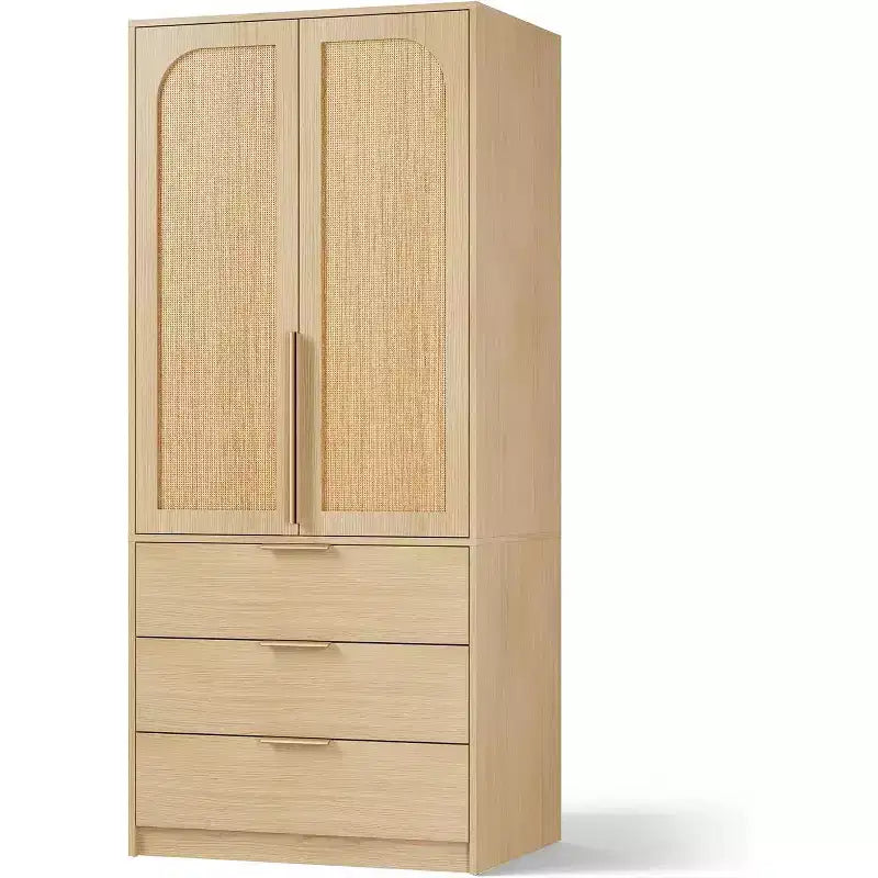 Acekool 69.5 Armoire Penderie avec 3 Tiroirs, Porte en Rotin, Meuble de Rangement en Bois avec Tringle, Organisateur de Chambre à Coucher
