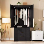 Acekool 69.5 Armoire Penderie avec 3 Tiroirs, Porte en Rotin, Meuble de Rangement en Bois avec Tringle, Organisateur de Chambre à Coucher