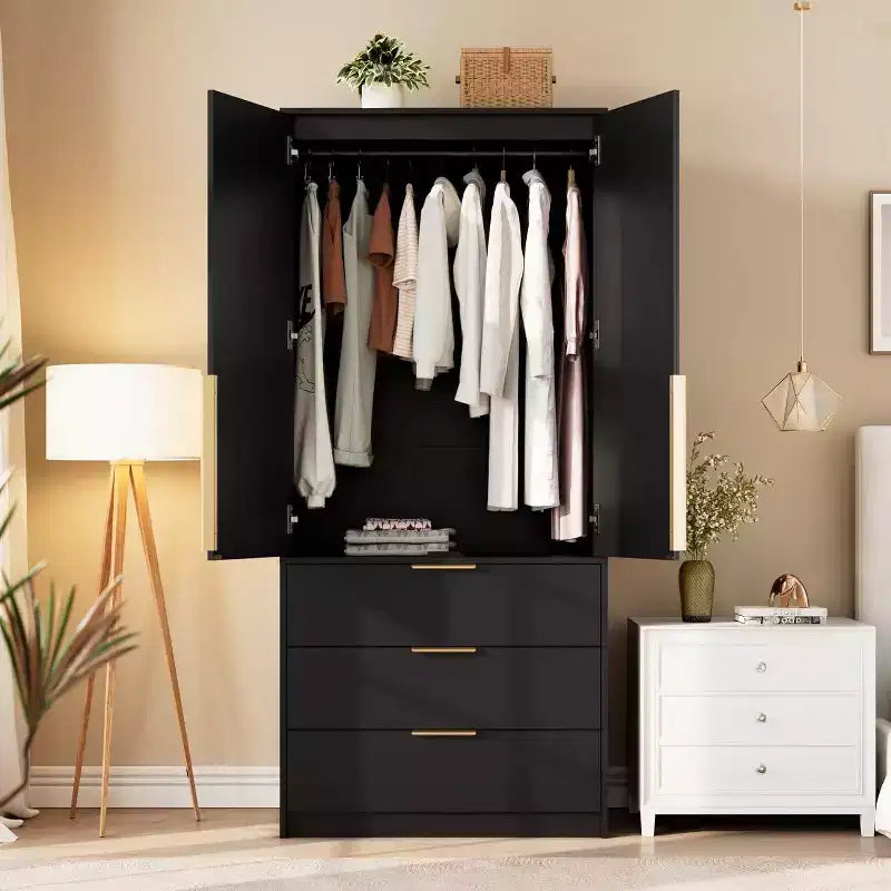 Acekool 69.5 Armoire Penderie avec 3 Tiroirs, Porte en Rotin, Meuble de Rangement en Bois avec Tringle, Organisateur de Chambre à Coucher