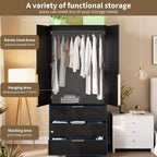Acekool 69.5 Armoire Penderie avec 3 Tiroirs, Porte en Rotin, Meuble de Rangement en Bois avec Tringle, Organisateur de Chambre à Coucher