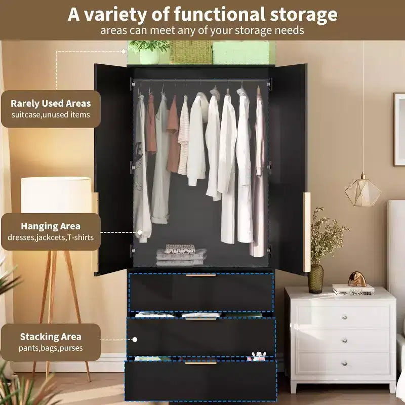 Acekool 69.5 Armoire Penderie avec 3 Tiroirs, Porte en Rotin, Meuble de Rangement en Bois avec Tringle, Organisateur de Chambre à Coucher