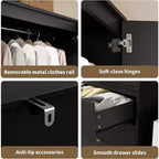 Acekool 69.5 Armoire Penderie avec 3 Tiroirs, Porte en Rotin, Meuble de Rangement en Bois avec Tringle, Organisateur de Chambre à Coucher