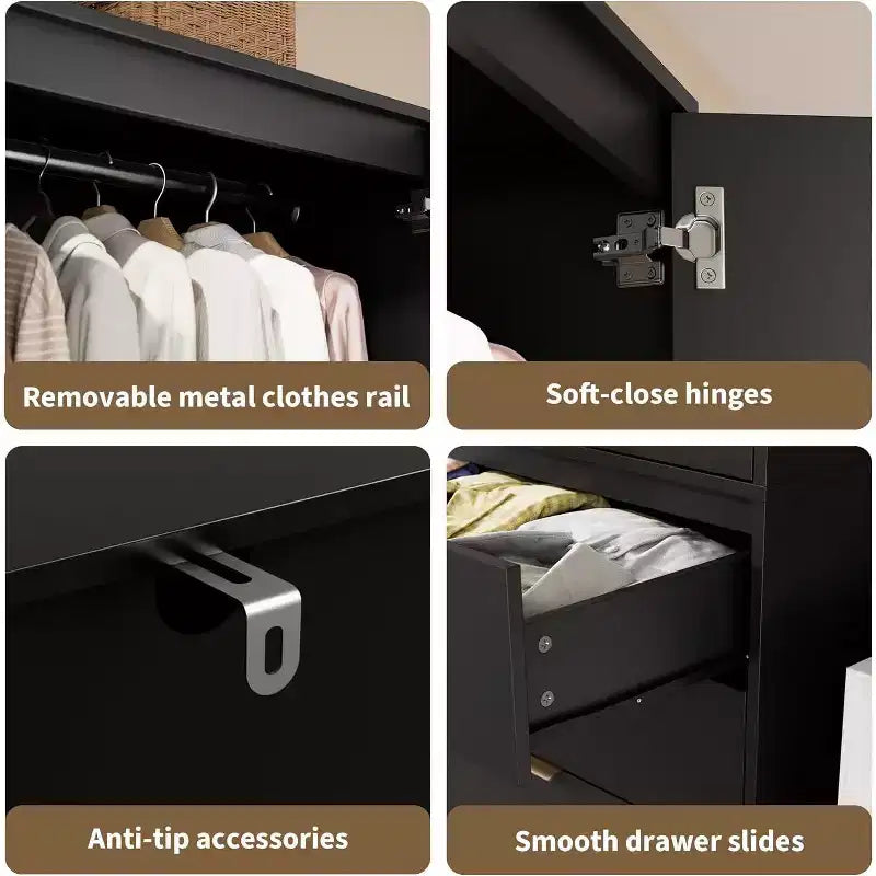 Acekool 69.5 Armoire Penderie avec 3 Tiroirs, Porte en Rotin, Meuble de Rangement en Bois avec Tringle, Organisateur de Chambre à Coucher