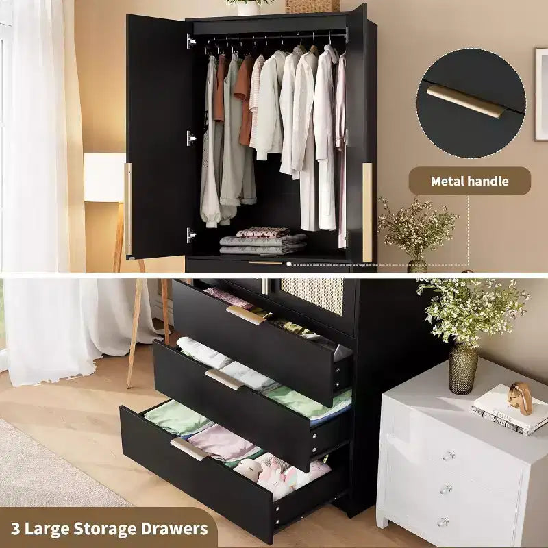 Acekool 69.5 Armoire Penderie avec 3 Tiroirs, Porte en Rotin, Meuble de Rangement en Bois avec Tringle, Organisateur de Chambre à Coucher