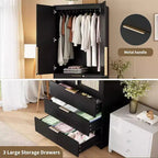 Acekool 69.5 Armoire Penderie avec 3 Tiroirs, Porte en Rotin, Meuble de Rangement en Bois avec Tringle, Organisateur de Chambre à Coucher
