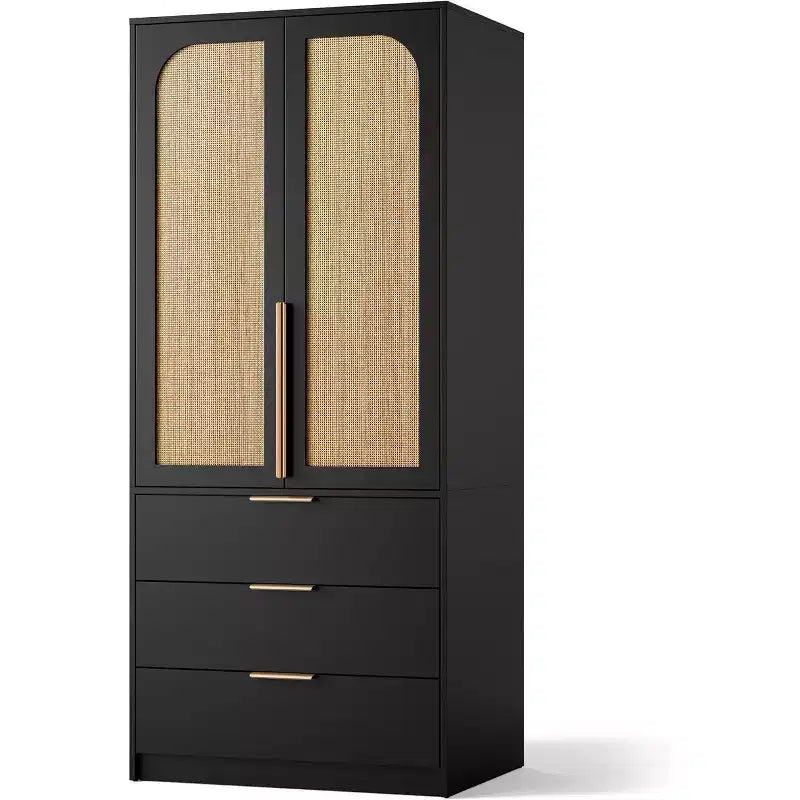 Acekool 69.5 Armoire Penderie avec 3 Tiroirs, Porte en Rotin, Meuble de Rangement en Bois avec Tringle, Organisateur de Chambre à Coucher