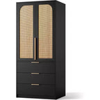 Acekool 69.5 Armoire Penderie avec 3 Tiroirs, Porte en Rotin, Meuble de Rangement en Bois avec Tringle, Organisateur de Chambre à Coucher