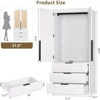 Acekool 69.5 Armoire Penderie avec 3 Tiroirs, Porte en Rotin, Meuble de Rangement en Bois avec Tringle, Organisateur de Chambre à Coucher