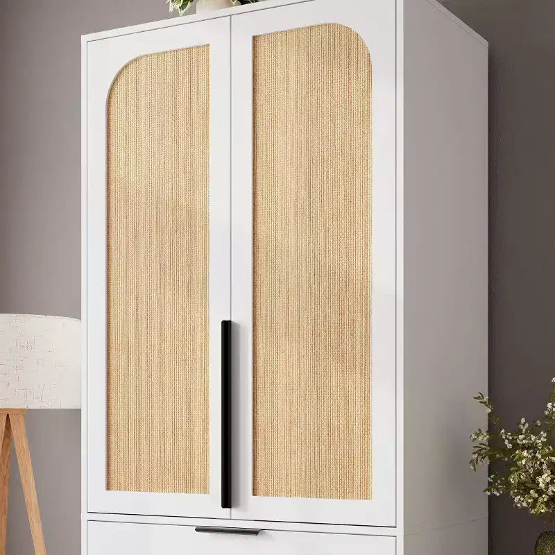 Acekool 69.5 Armoire Penderie avec 3 Tiroirs, Porte en Rotin, Meuble de Rangement en Bois avec Tringle, Organisateur de Chambre à Coucher