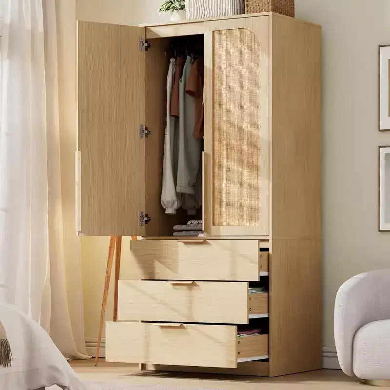 Acekool 69.5 Armoire Penderie avec 3 Tiroirs, Porte en Rotin, Meuble de Rangement en Bois avec Tringle, Organisateur de Chambre à Coucher