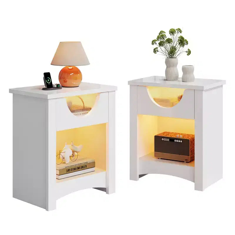 Table de chevet Bestier avec station de charge, Table d'appoint moderne à LED avec tiroir pour chambre et salon, Blanc éclatant