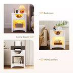 Table de chevet Bestier avec station de charge, Table d'appoint moderne à LED avec tiroir pour chambre et salon, Blanc éclatant