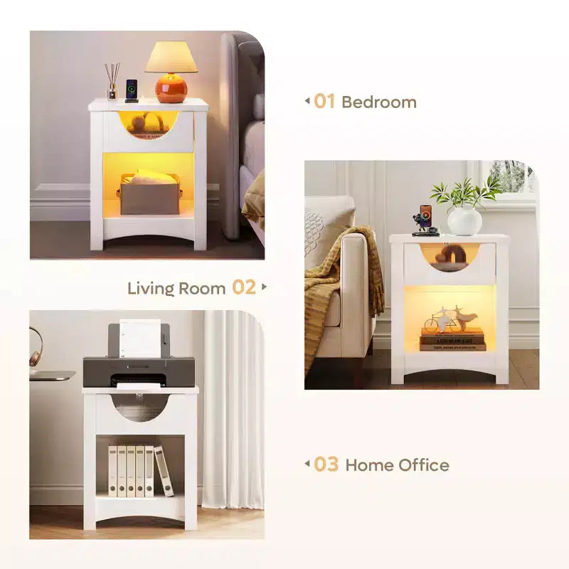 Table de chevet Bestier avec station de charge, Table d'appoint moderne à LED avec tiroir pour chambre et salon, Blanc éclatant