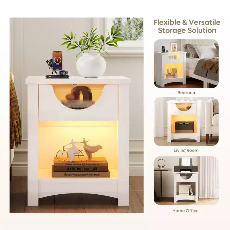 Table de chevet Bestier avec station de charge, Table d'appoint moderne à LED avec tiroir pour chambre et salon, Blanc éclatant