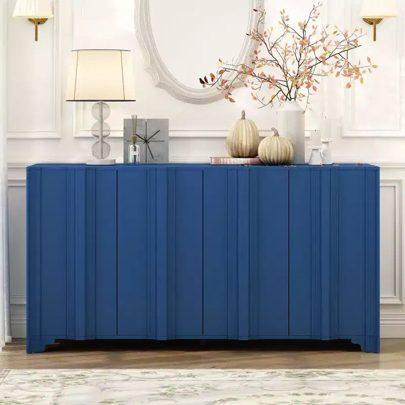Buffet Okak Sophistiqué, Armoire de Rangement avec 4 Portes Linéaires Ouvragées, Meuble Bar à Café pour Salle à Manger, Salon, Entrée