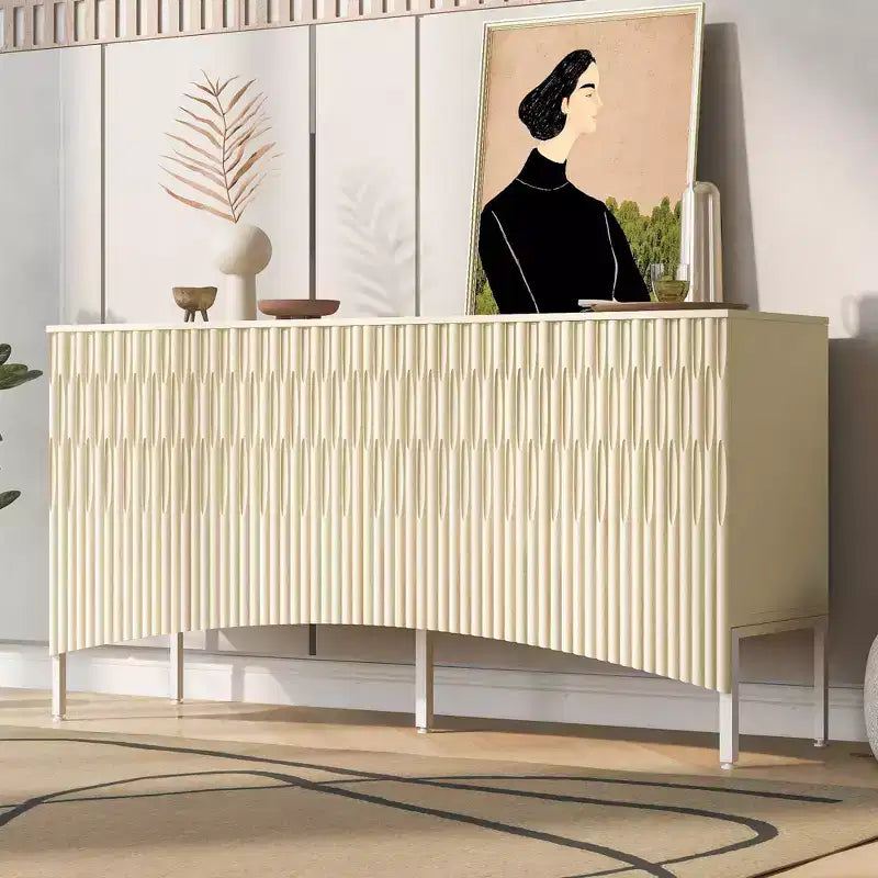 Buffet Okak Sophistiqué, Armoire de Rangement avec 4 Portes Linéaires Ouvragées, Meuble Bar à Café pour Salle à Manger, Salon, Entrée