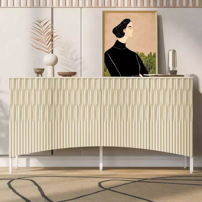 Buffet Okak Sophistiqué, Armoire de Rangement avec 4 Portes Linéaires Ouvragées, Meuble Bar à Café pour Salle à Manger, Salon, Entrée