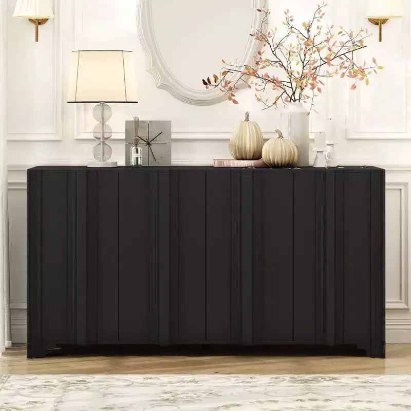 Buffet Okak Sophistiqué, Armoire de Rangement avec 4 Portes Linéaires Ouvragées, Meuble Bar à Café pour Salle à Manger, Salon, Entrée