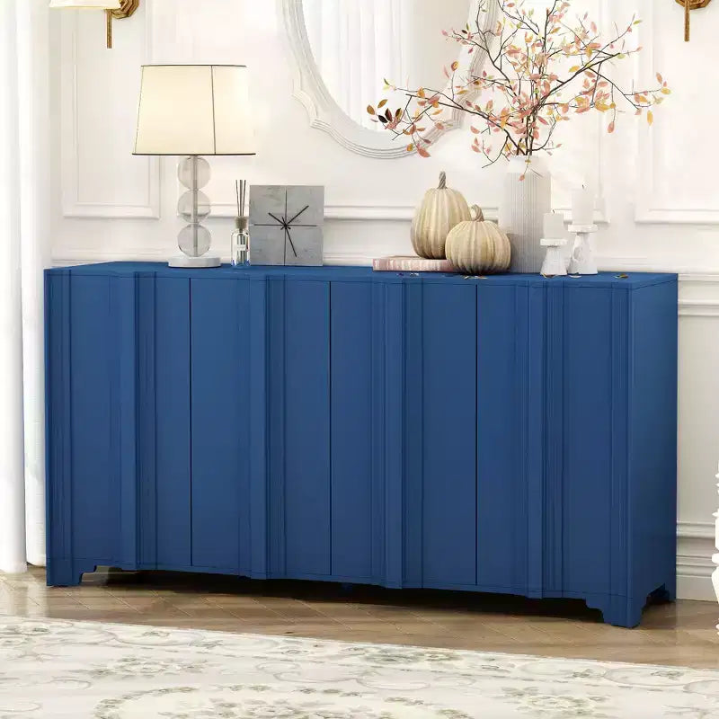 Buffet Okak Sophistiqué, Armoire de Rangement avec 4 Portes Linéaires Ouvragées, Meuble Bar à Café pour Salle à Manger, Salon, Entrée
