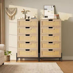 Commode à 5 tiroirs en rotin naturel, commode en bois, meuble de rangement de style ferme avec pieds en métal, commode moderne pour chambre à coucher, salon