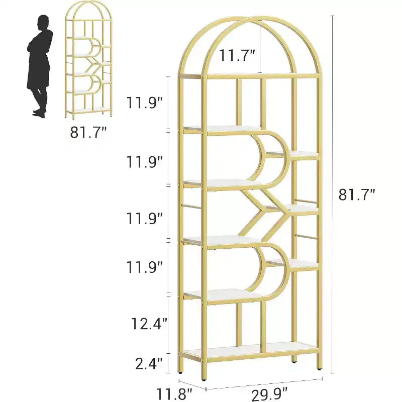 Étagère arquée à 6 niveaux - Bibliothèque géométrique de 207,5 cm de hauteur pour la maison et le bureau - Étagère de rangement moderne pour livres, disques vinyles, objets de décoration