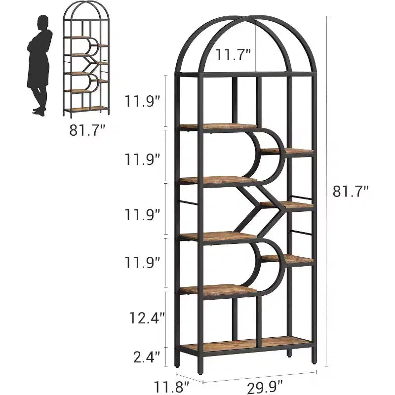 Étagère arquée à 6 niveaux - Bibliothèque géométrique de 207,5 cm de hauteur pour la maison et le bureau - Étagère de rangement moderne pour livres, disques vinyles, objets de décoration